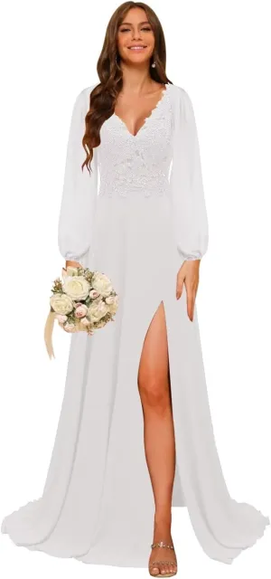 homdor Long Sleeve Chiffon Bridesmaid Dresses 2025 Lace Appliques Formal Dresses V Neck Prom Dress for Women with Slit