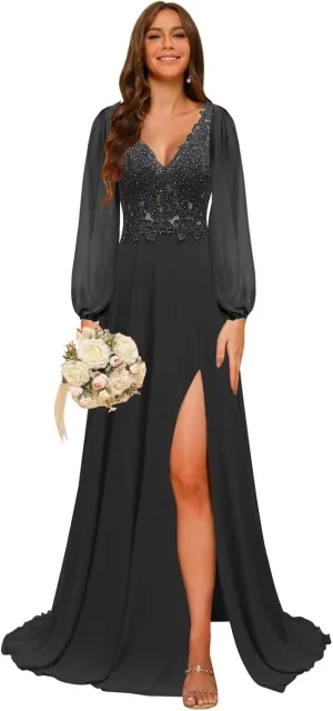 homdor Long Sleeve Chiffon Bridesmaid Dresses 2025 Lace Appliques Formal Dresses V Neck Prom Dress for Women with Slit