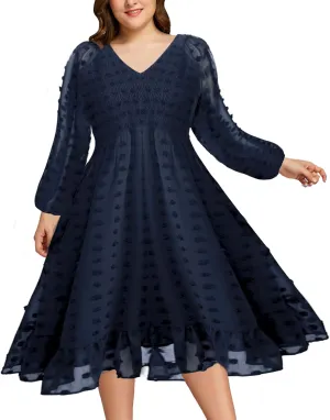 Honwenle Women's Plus Size Swiss Dot Midi Dress V Neck Short Sleeve Elegant Summer Casual Flowy Swing A Line Short Dress