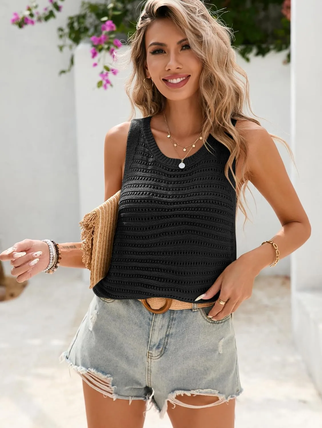 iChunhua Womens Summer Knit Sweater Tank Tops Solid Round Neck Crochet Hollow Out Vest Sleeveless Casual Crop Shirt