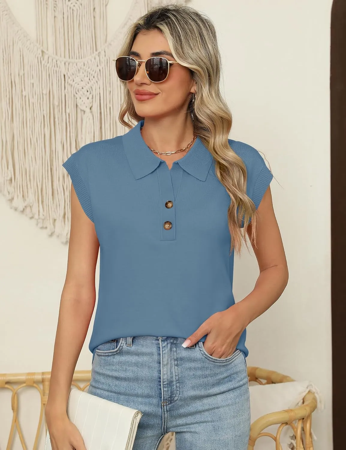 IECCP Womens Cap Sleeve Sweater Vest Summer V Neck Lightweight Casual Button Front Loose Fit Knit Pullover Polo Top