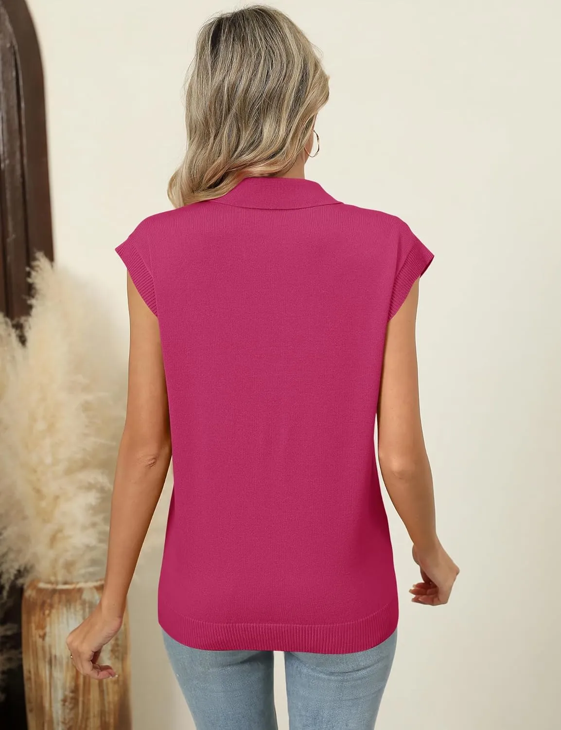 IECCP Womens Cap Sleeve Sweater Vest Summer V Neck Lightweight Casual Button Front Loose Fit Knit Pullover Polo Top