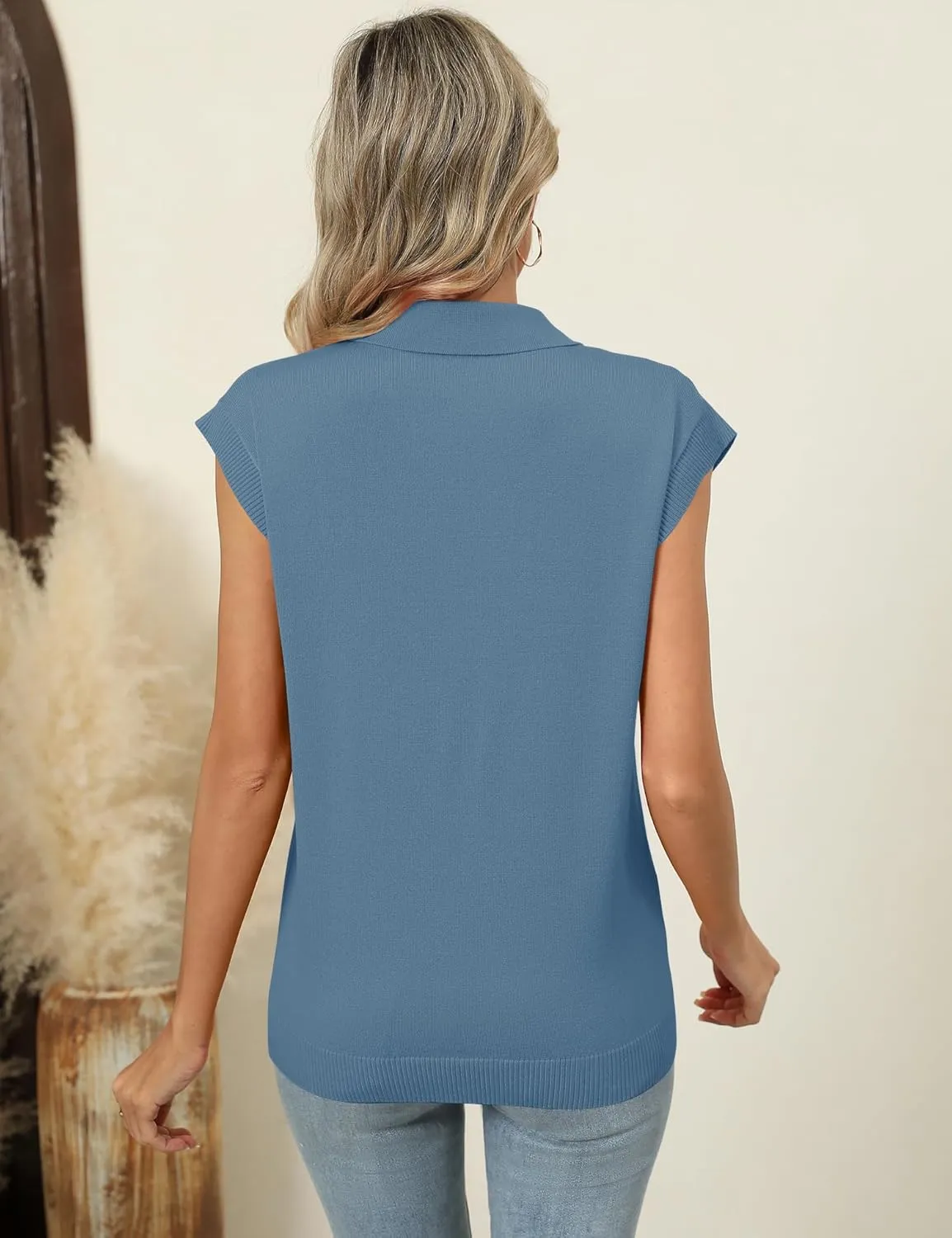 IECCP Womens Cap Sleeve Sweater Vest Summer V Neck Lightweight Casual Button Front Loose Fit Knit Pullover Polo Top