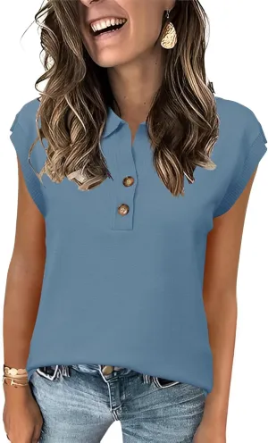 IECCP Womens Cap Sleeve Sweater Vest Summer V Neck Lightweight Casual Button Front Loose Fit Knit Pullover Polo Top