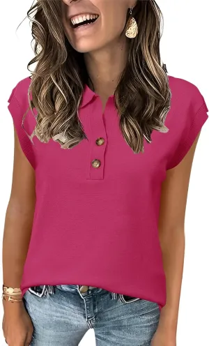 IECCP Womens Cap Sleeve Sweater Vest Summer V Neck Lightweight Casual Button Front Loose Fit Knit Pullover Polo Top