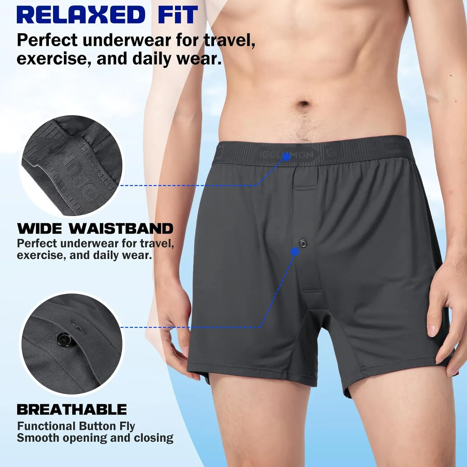 IGOLUMON Mens Underwear Boxer Shorts 5 Pack Bamboo Rayon Boxers for Men Classic Relaxed Fit Boxer Shorts with Button Fly
