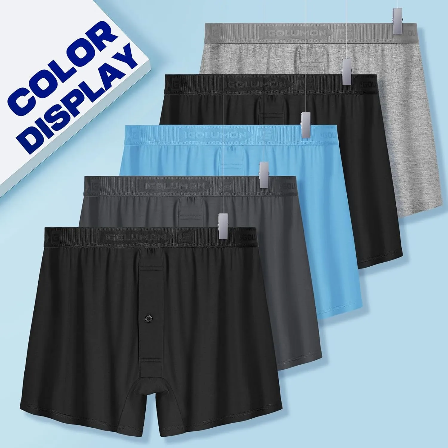IGOLUMON Mens Underwear Boxer Shorts 5 Pack Bamboo Rayon Boxers for Men Classic Relaxed Fit Boxer Shorts with Button Fly