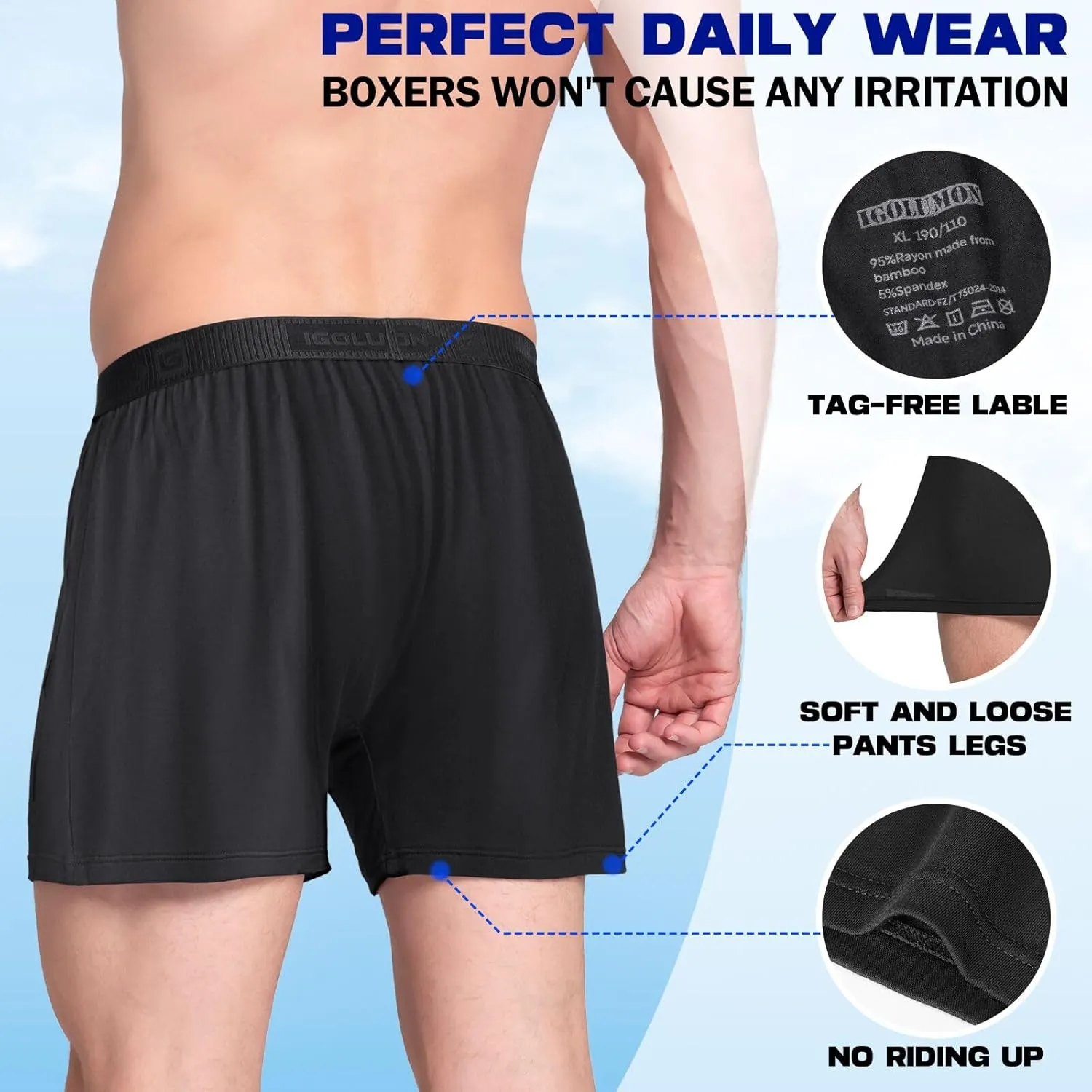 IGOLUMON Mens Underwear Boxer Shorts 5 Pack Bamboo Rayon Boxers for Men Classic Relaxed Fit Boxer Shorts with Button Fly