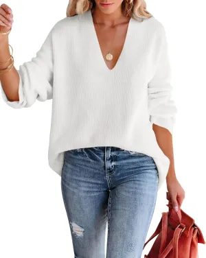 Imily Bela Womens Oversized Deep V Neck Sweaters Sexy Long Sleeve Tunic Sweater Knitted Dressy Pullover Jumper
