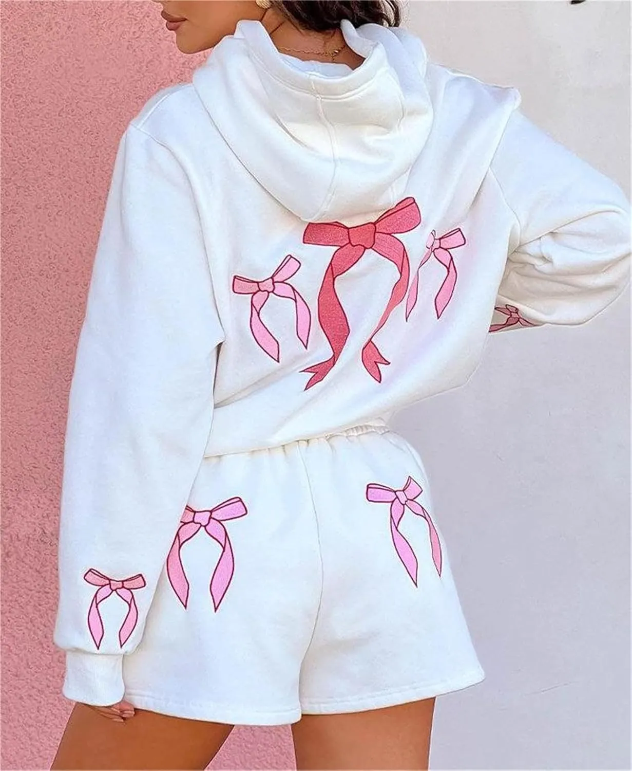 iTranyee Women Casual 2 Piece Sweatsuit Long Sleeve Oversized Bow Hoodie Sweatshirt Sweat Shorts Outfits Bow Matching Set