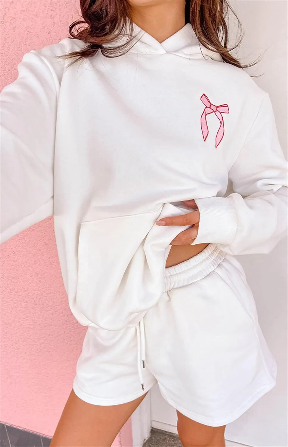 iTranyee Women Casual 2 Piece Sweatsuit Long Sleeve Oversized Bow Hoodie Sweatshirt Sweat Shorts Outfits Bow Matching Set