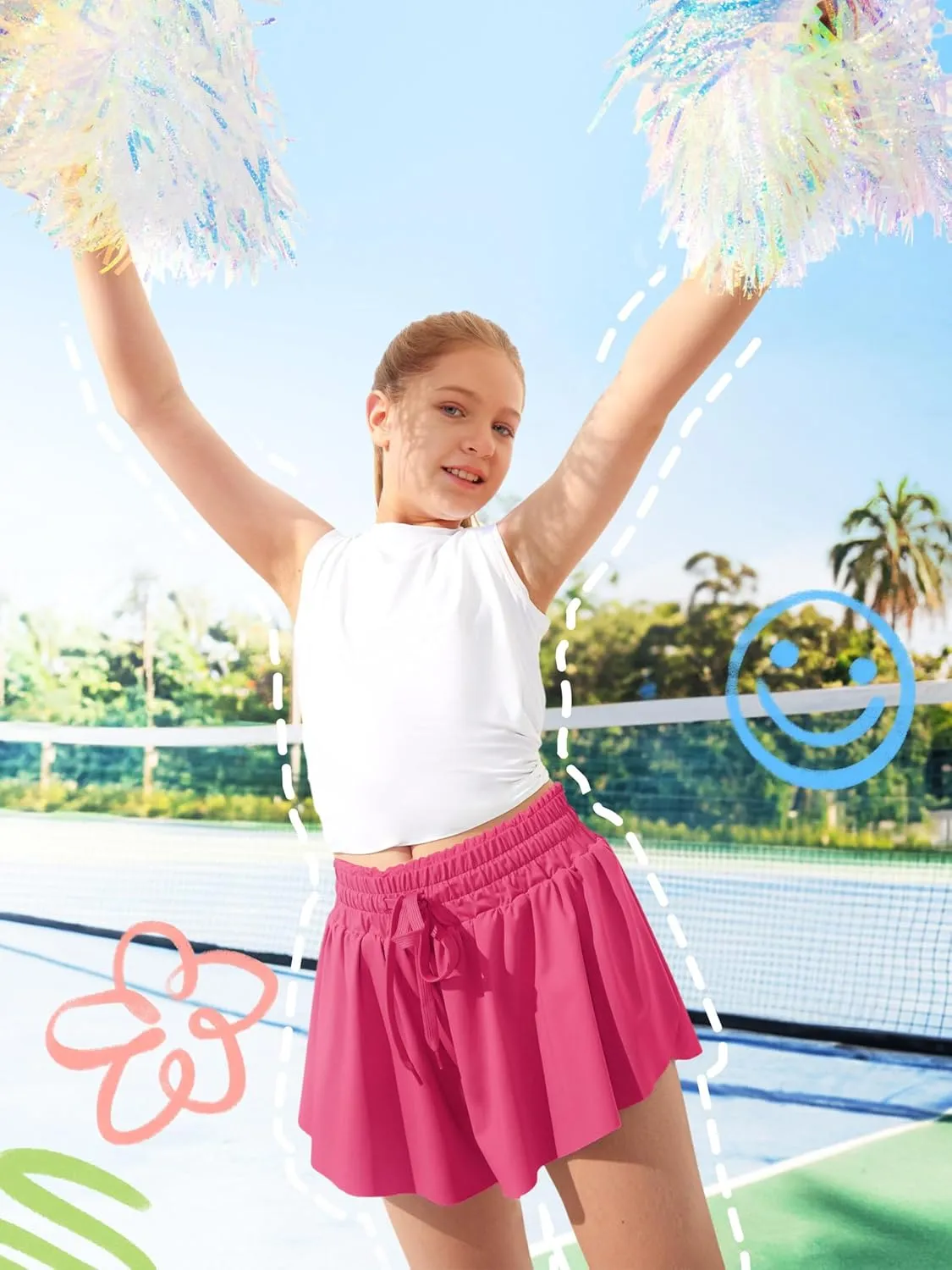 IUGA Girls Butterfly Shorts with Pockets Athletic Flowy Preppy Clothes Running Tennis Dance Cheer 2 in 1 Shorts Teen Girls