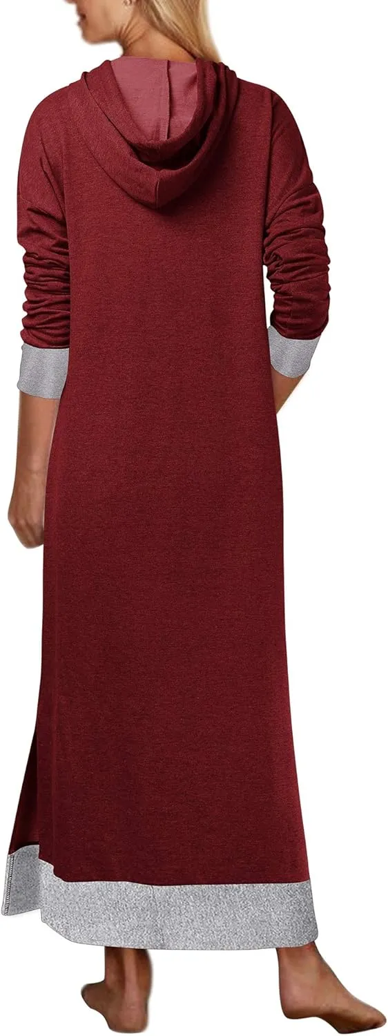 Jacansi Women's Long Sleeve Solid Loose Hooded Sweatshirt Maxi Dress with Pocket