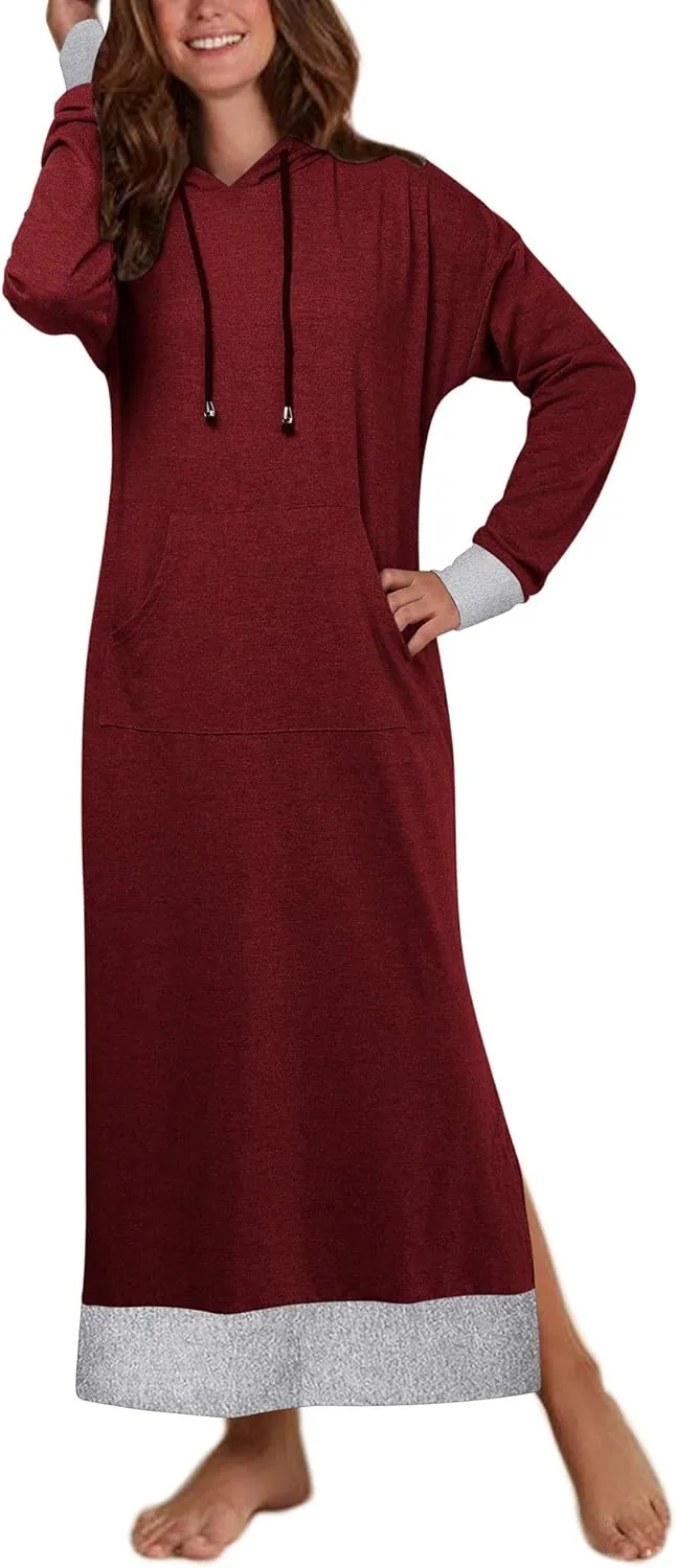 Jacansi Women's Long Sleeve Solid Loose Hooded Sweatshirt Maxi Dress with Pocket