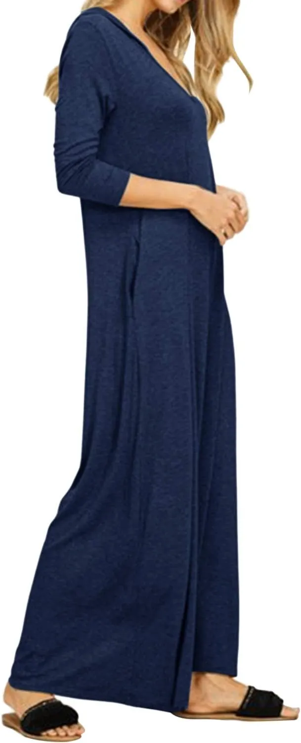 Jacansi Women's V-Neck Casual Long Sleeve/Short Sleeve Maxi Dress Hoodie Pocket Dress