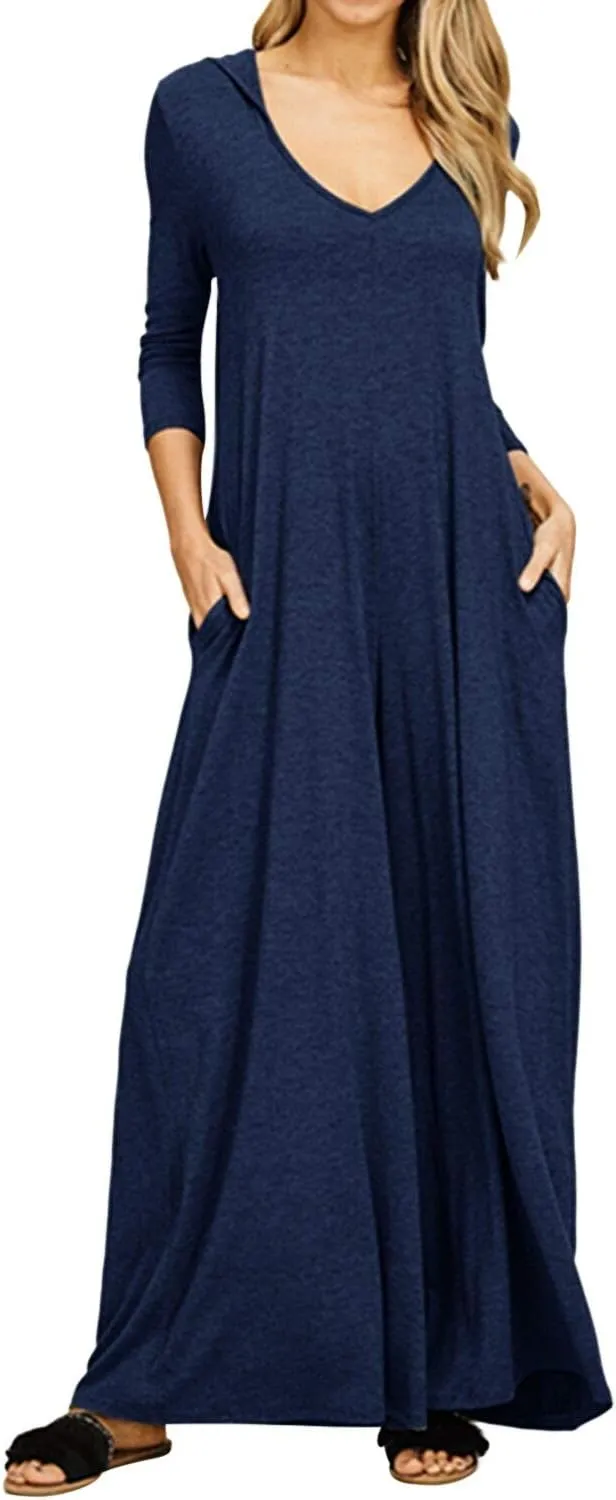 Jacansi Women's V-Neck Casual Long Sleeve/Short Sleeve Maxi Dress Hoodie Pocket Dress