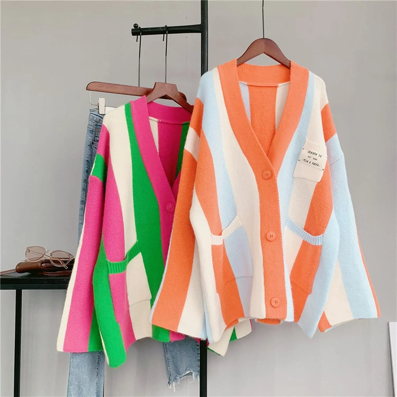 JASCLS Women's Long Sleeve Color Block Chunky Cable Knitted Oversized Sweater Cardigans for Women