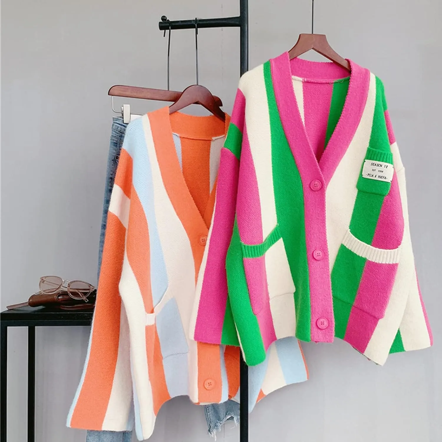 JASCLS Women's Long Sleeve Color Block Chunky Cable Knitted Oversized Sweater Cardigans for Women