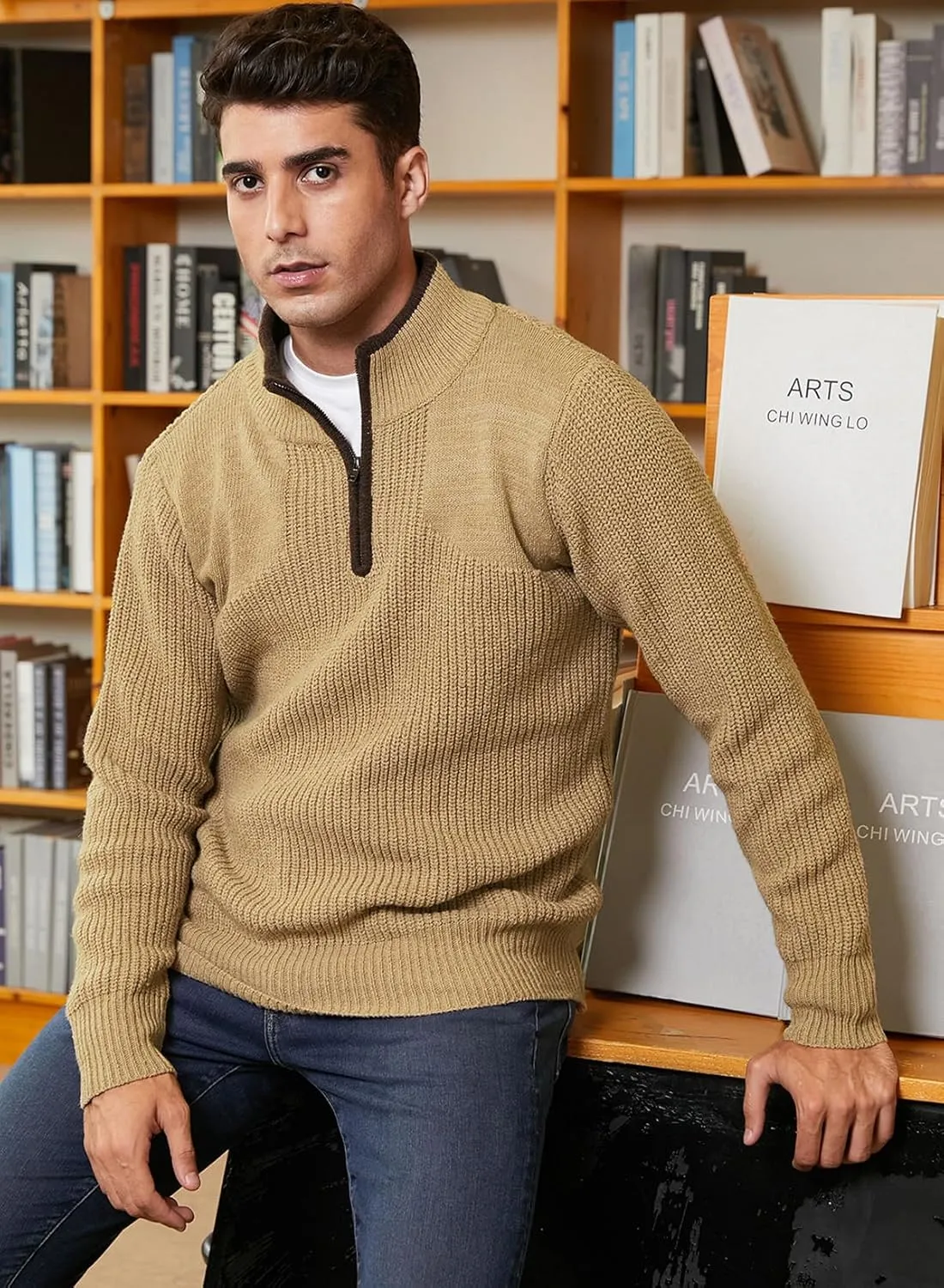JMIERR Mens Quarter Zip Sweater Lightweight Mock Neck Casual Long Sleeve Knitted Solid Pullover Sweaters