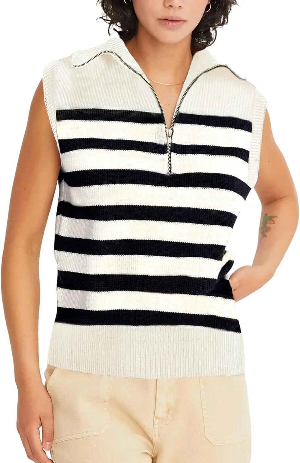 Kedera Women's Striped Sweater Vest V Neck Sleeveless Work Sweater Quarter Zip Knit Vest Top 2024 Trendy Office Outfits
