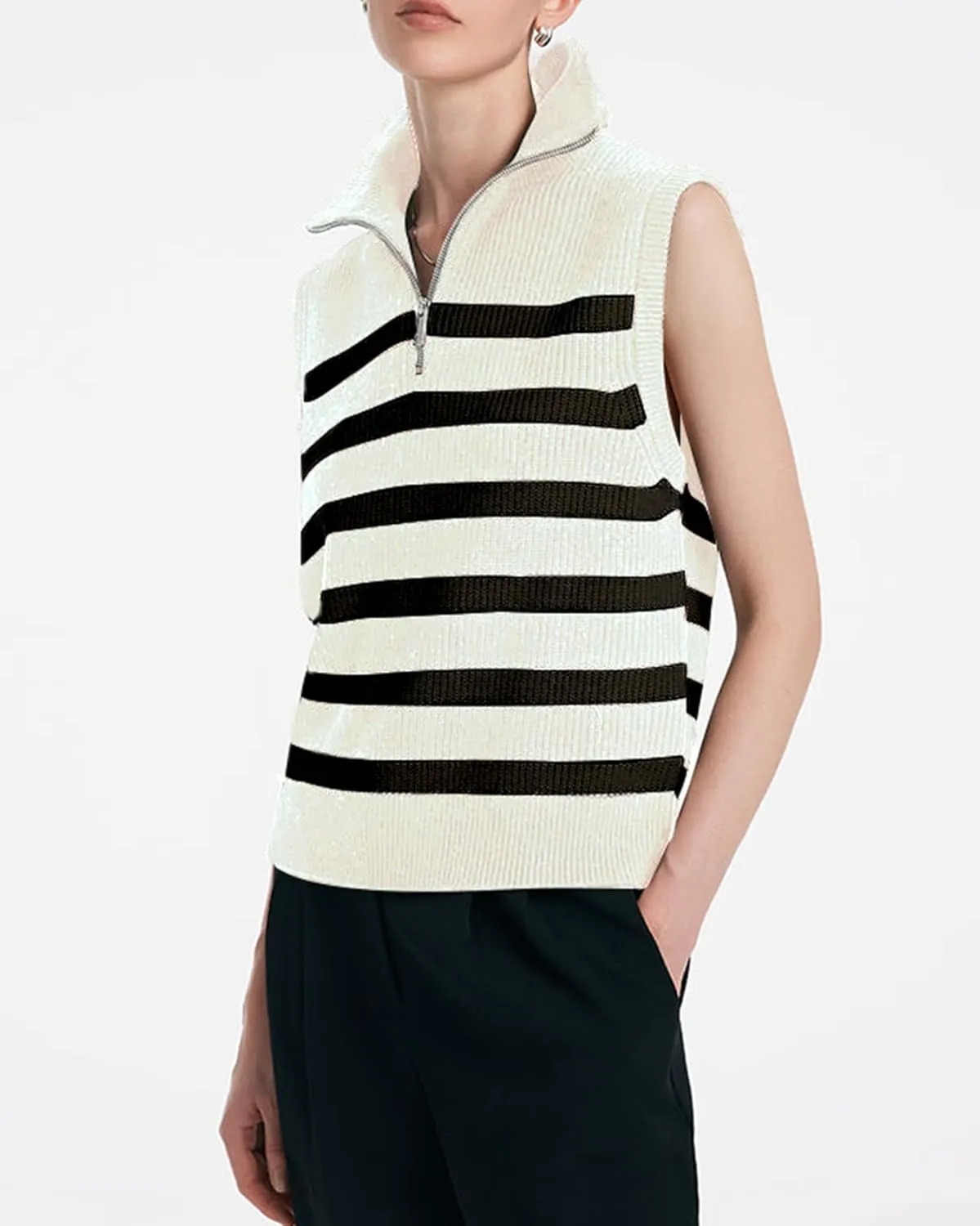 Kedera Women's Striped Sweater Vest V Neck Sleeveless Work Sweater Quarter Zip Knit Vest Top 2024 Trendy Office Outfits