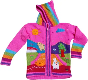 Kids Sweater Handmade Cardigan with Embroidered Details Sweater Hooded Girl Boy Peru Ecuador Bolivia Chile Arpilleras Style.