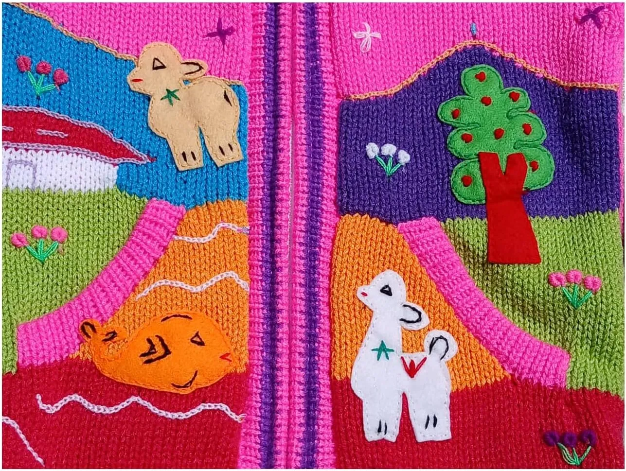 Kids Sweater Handmade Cardigan with Embroidered Details Sweater Hooded Girl Boy Peru Ecuador Bolivia Chile Arpilleras Style.
