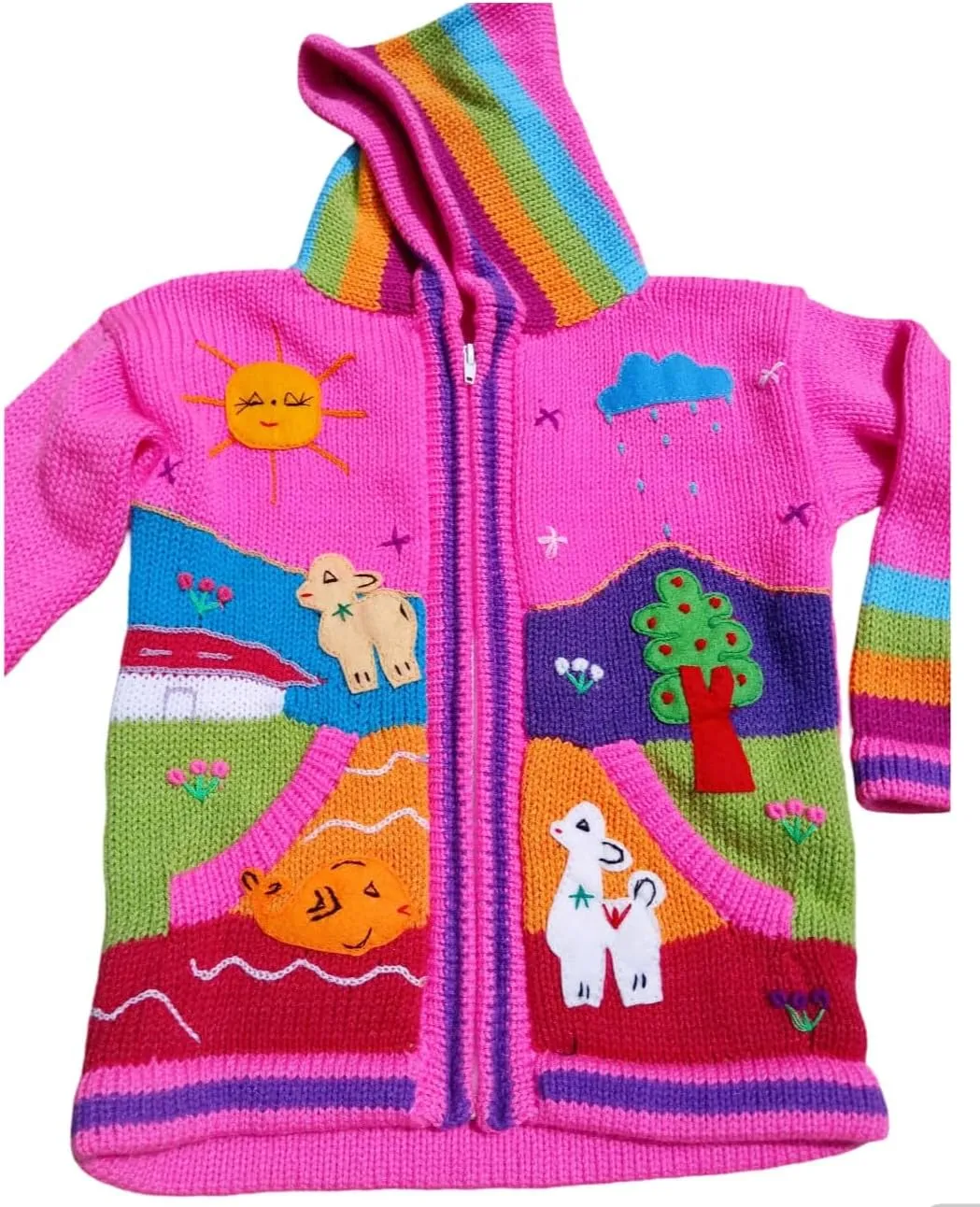 Kids Sweater Handmade Cardigan with Embroidered Details Sweater Hooded Girl Boy Peru Ecuador Bolivia Chile Arpilleras Style.