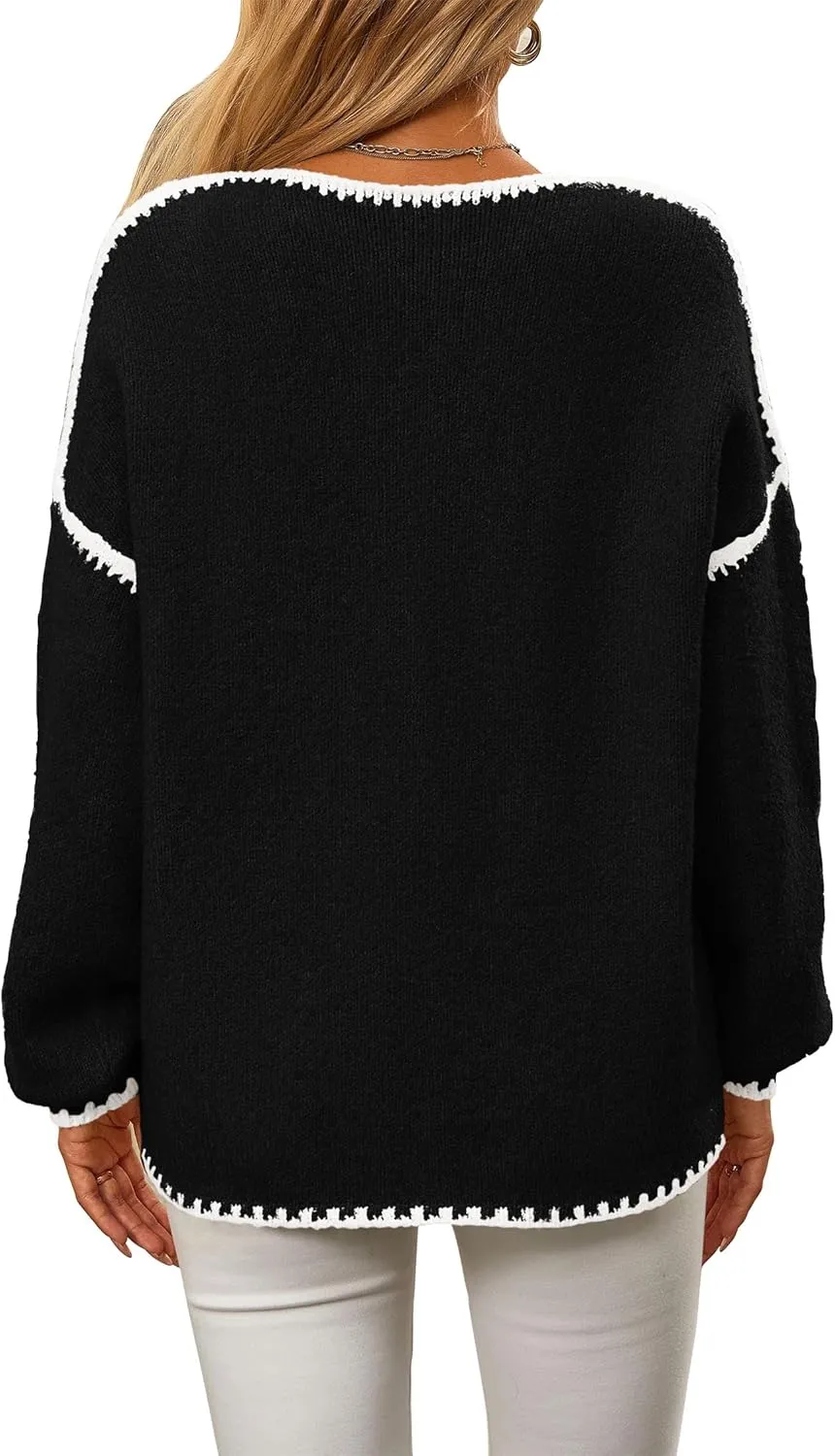 KIRUNDO Womens Sweaters 2025 Fall Oversized Long Sleeve Chunky Knit Crew Neck Contrast Stitching Pullover Winter Clothes
