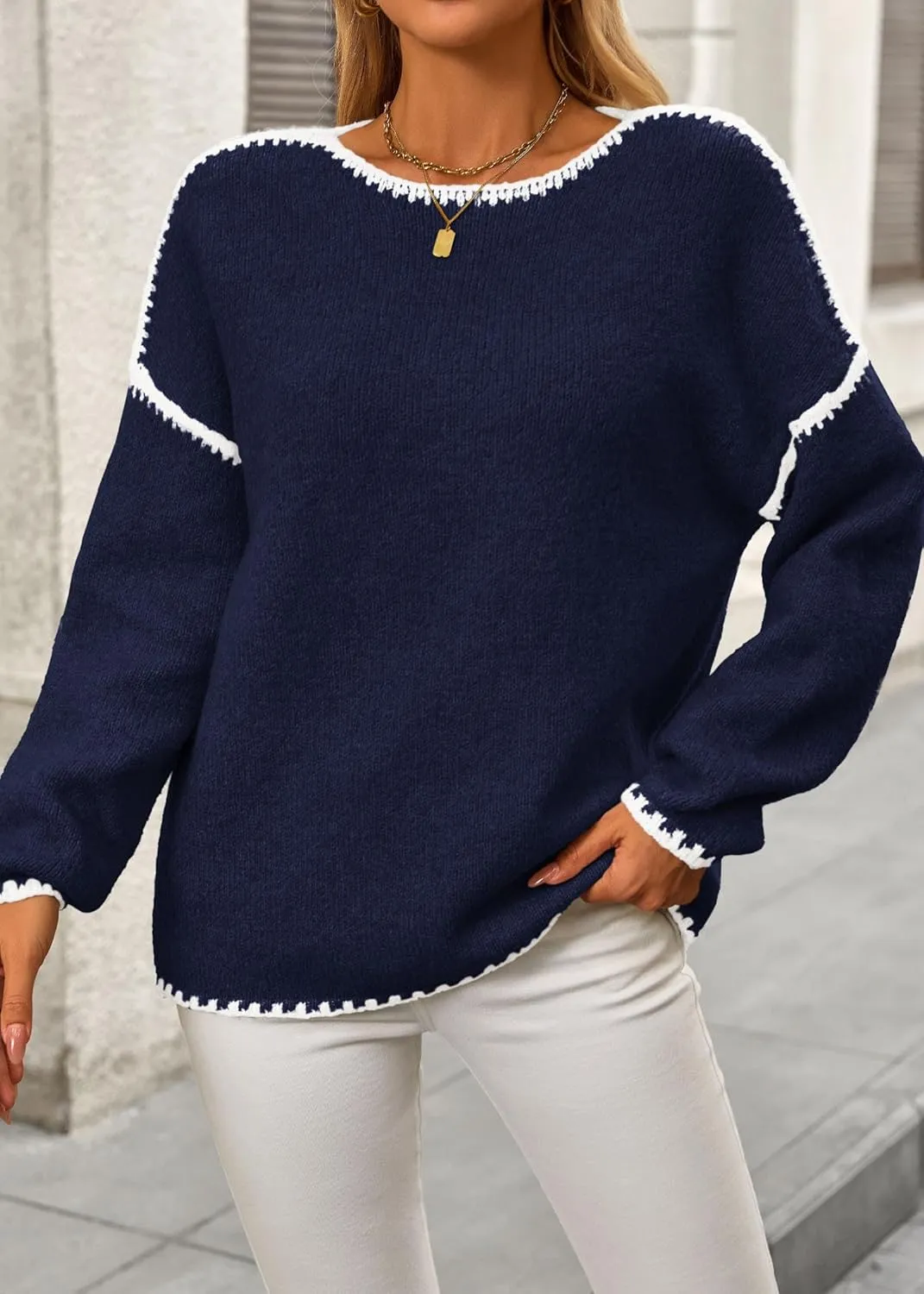 KIRUNDO Womens Sweaters 2025 Fall Oversized Long Sleeve Chunky Knit Crew Neck Contrast Stitching Pullover Winter Clothes