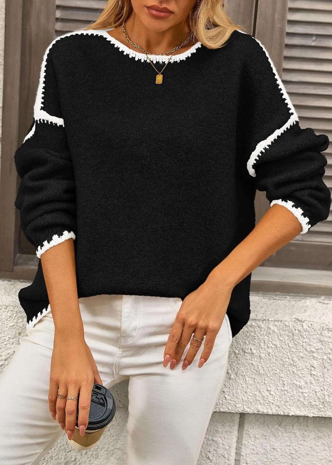 KIRUNDO Womens Sweaters 2025 Fall Oversized Long Sleeve Chunky Knit Crew Neck Contrast Stitching Pullover Winter Clothes