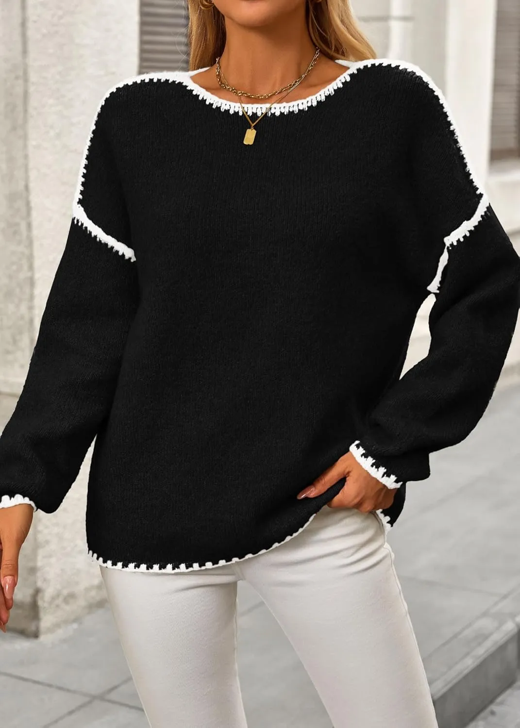 KIRUNDO Womens Sweaters 2025 Fall Oversized Long Sleeve Chunky Knit Crew Neck Contrast Stitching Pullover Winter Clothes