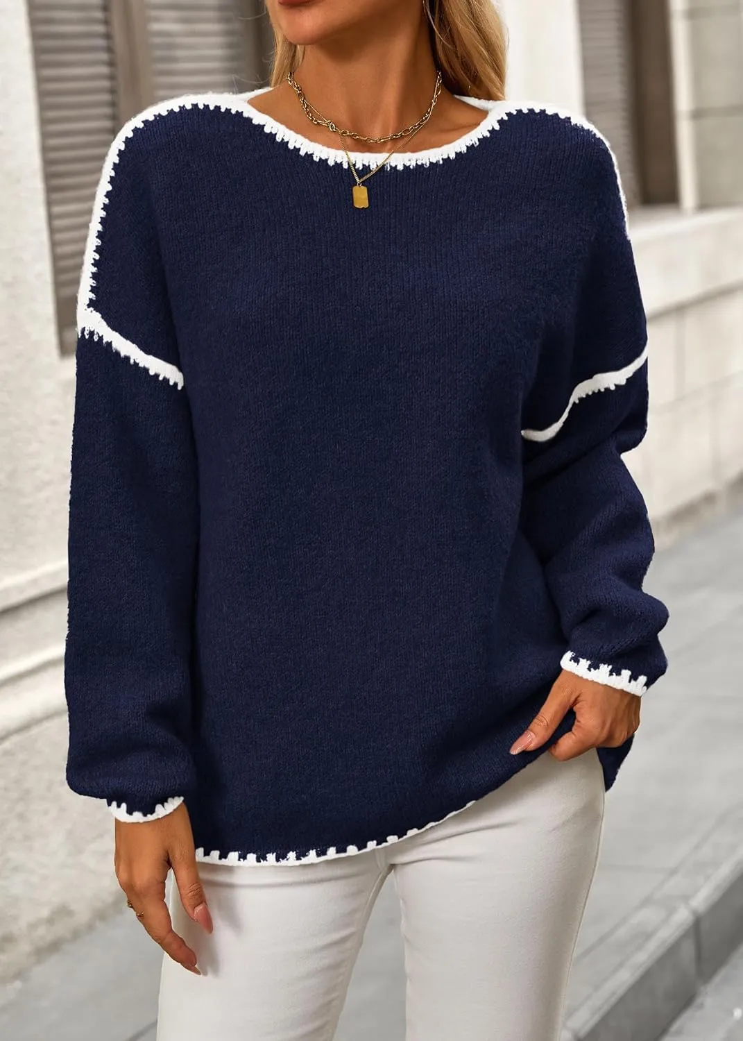 KIRUNDO Womens Sweaters 2025 Fall Oversized Long Sleeve Chunky Knit Crew Neck Contrast Stitching Pullover Winter Clothes