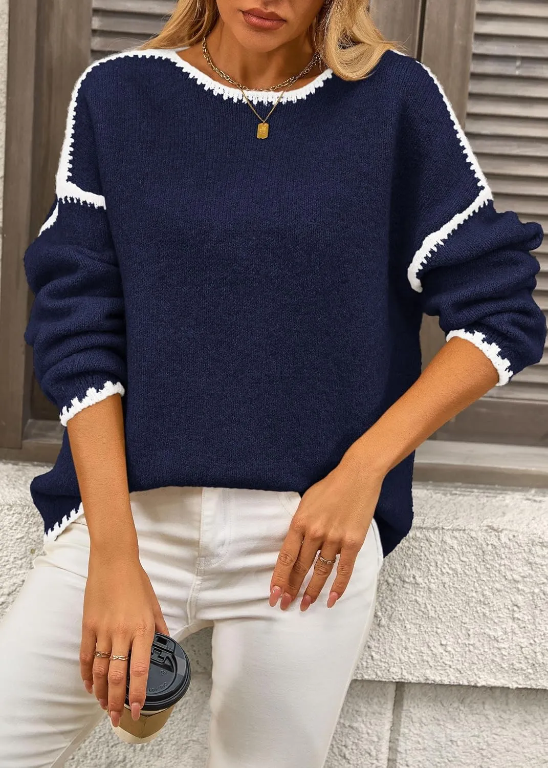 KIRUNDO Womens Sweaters 2025 Fall Oversized Long Sleeve Chunky Knit Crew Neck Contrast Stitching Pullover Winter Clothes