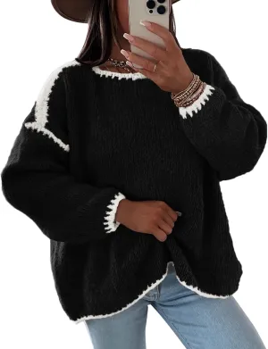KIRUNDO Womens Sweaters 2025 Fall Oversized Long Sleeve Chunky Knit Crew Neck Contrast Stitching Pullover Winter Clothes