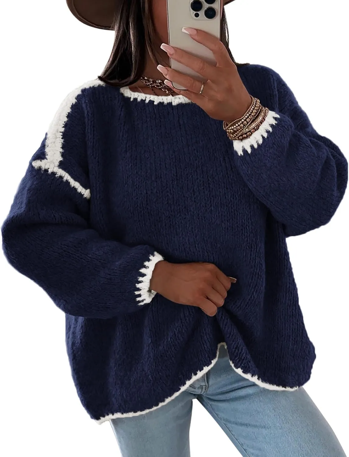 KIRUNDO Womens Sweaters 2025 Fall Oversized Long Sleeve Chunky Knit Crew Neck Contrast Stitching Pullover Winter Clothes
