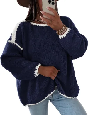KIRUNDO Womens Sweaters 2025 Fall Oversized Long Sleeve Chunky Knit Crew Neck Contrast Stitching Pullover Winter Clothes
