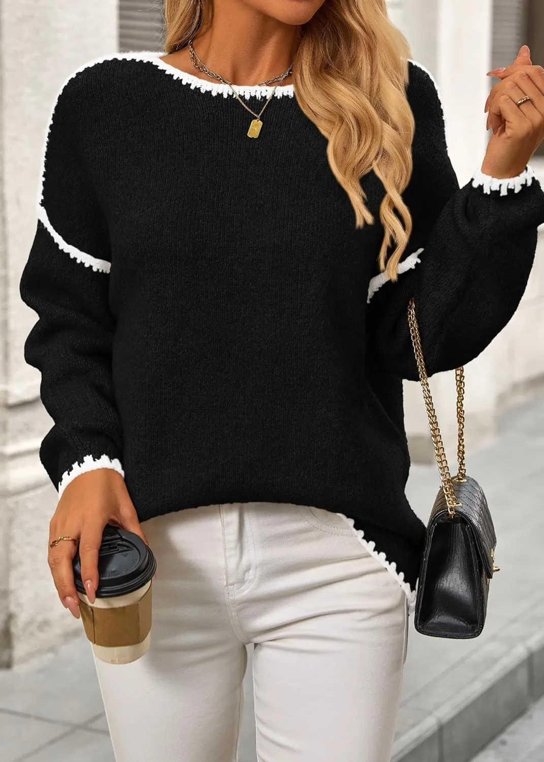 KIRUNDO Womens Sweaters 2025 Fall Oversized Long Sleeve Chunky Knit Crew Neck Contrast Stitching Pullover Winter Clothes