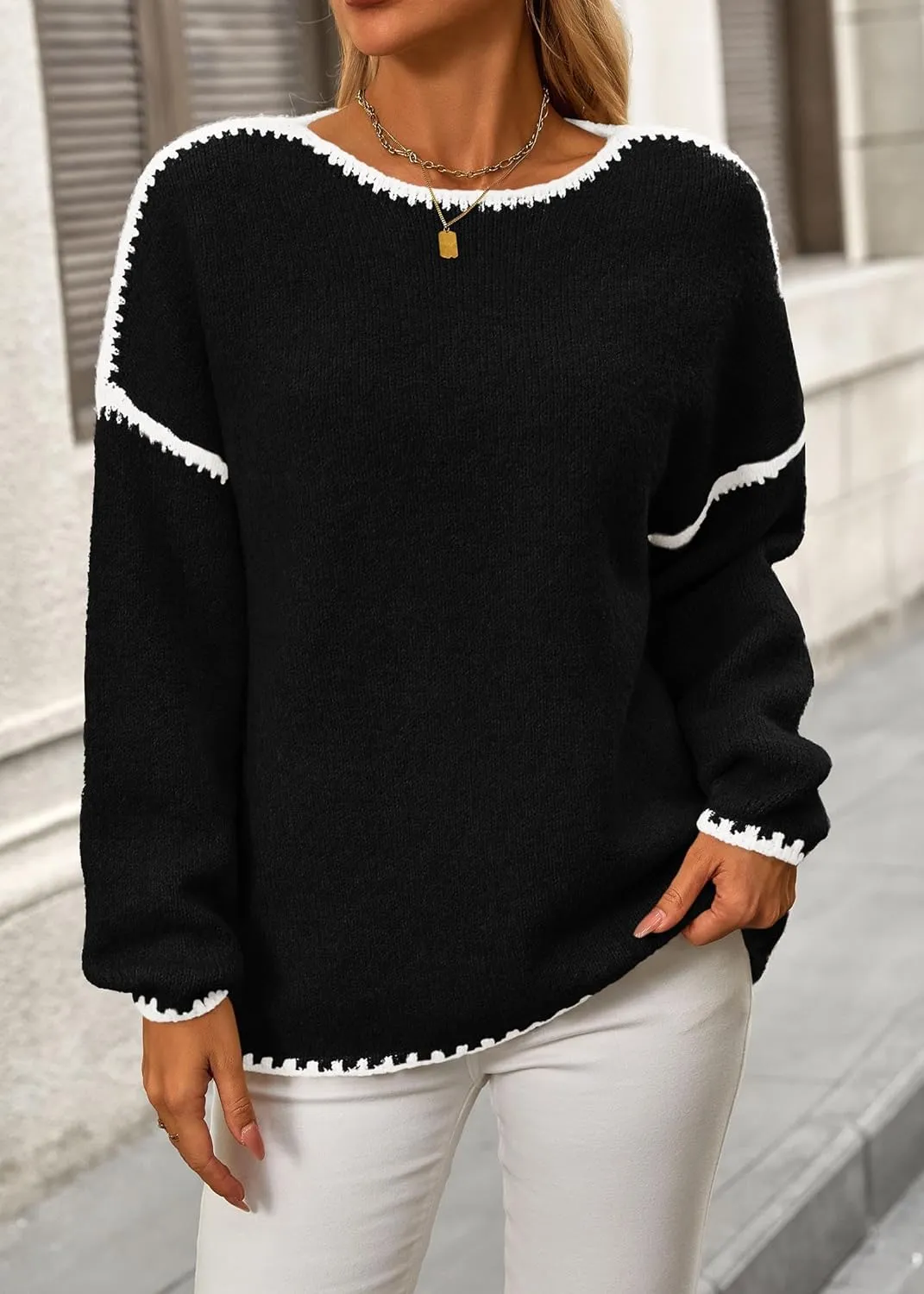 KIRUNDO Womens Sweaters 2025 Fall Oversized Long Sleeve Chunky Knit Crew Neck Contrast Stitching Pullover Winter Clothes