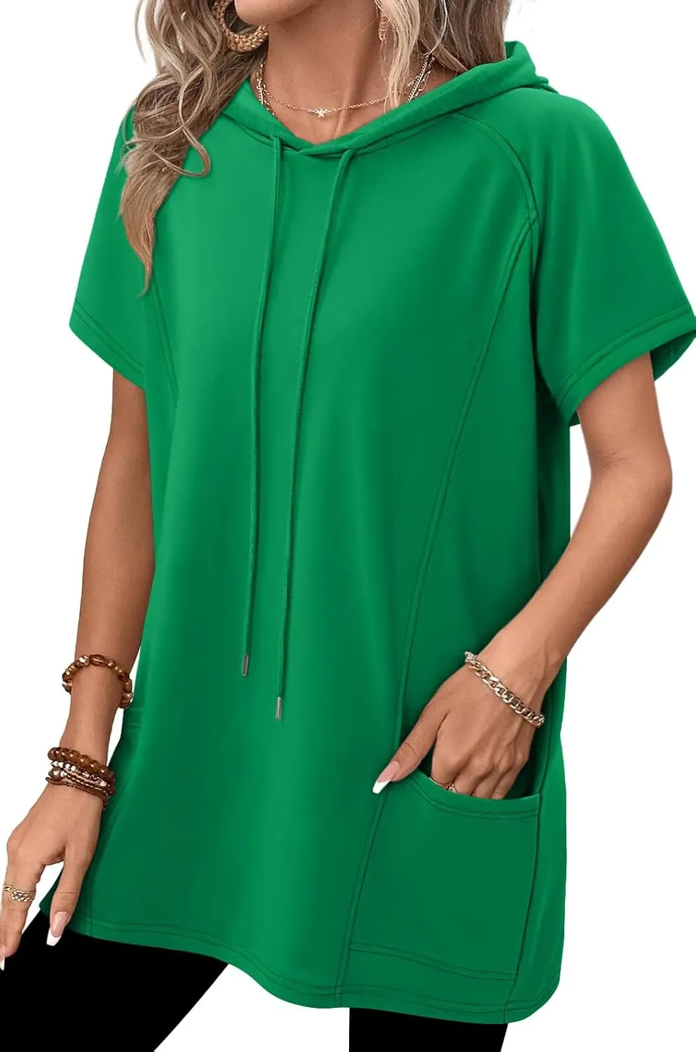 KISSMODA Long Shirts for Women Plus Size Summer Dresses 2025 Pullover Hoodies Short Sleeve Tunic Tops With Pockets