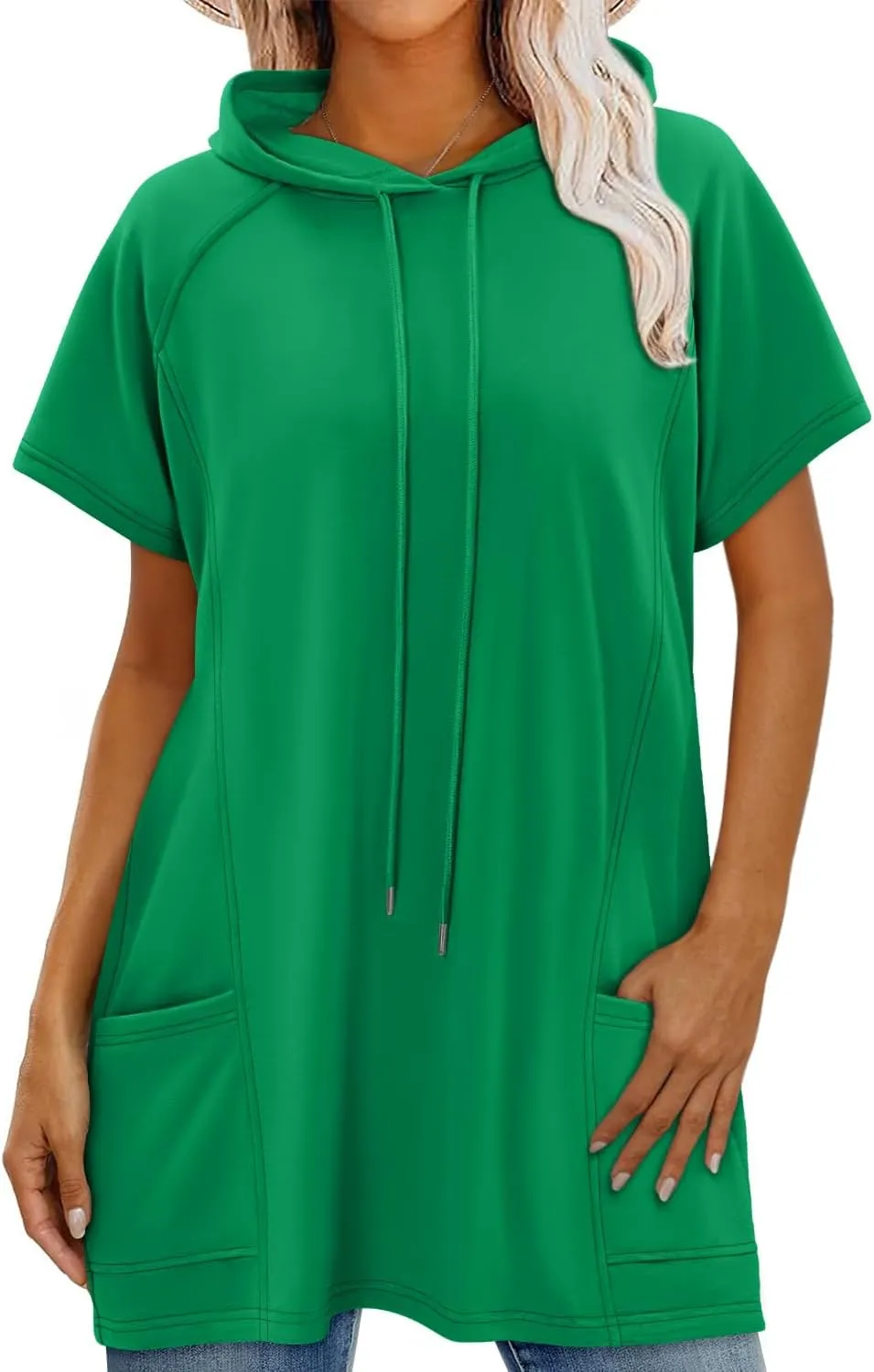 KISSMODA Long Shirts for Women Plus Size Summer Dresses 2025 Pullover Hoodies Short Sleeve Tunic Tops With Pockets