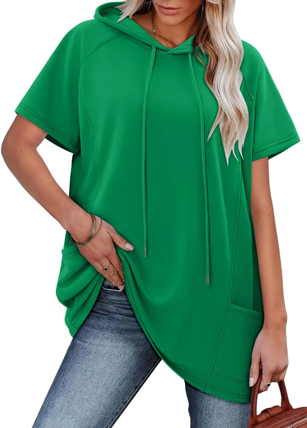 KISSMODA Long Shirts for Women Plus Size Summer Dresses 2025 Pullover Hoodies Short Sleeve Tunic Tops With Pockets