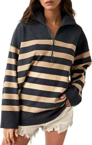 Knit Coastal Stripe Pullover for Women Oversized Fit Medium Weight Sweater with Quarter Zip Neckline 2024 Fall Winter Sweater