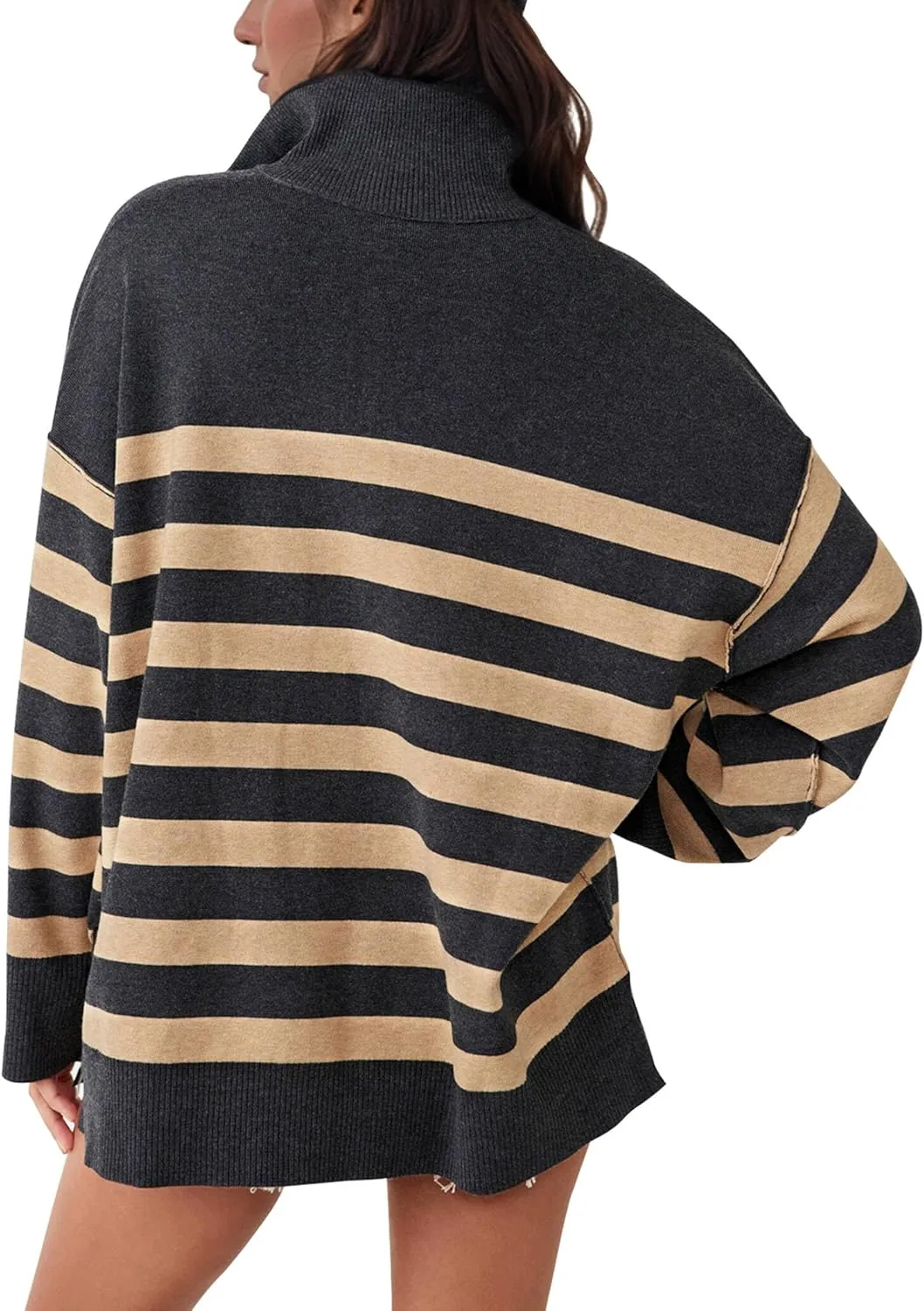 Knit Coastal Stripe Pullover for Women Oversized Fit Medium Weight Sweater with Quarter Zip Neckline 2024 Fall Winter Sweater