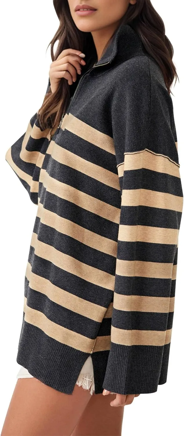 Knit Coastal Stripe Pullover for Women Oversized Fit Medium Weight Sweater with Quarter Zip Neckline 2024 Fall Winter Sweater