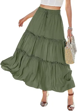 KOJOOIN Womens High Waisted Long Skirts A Line Boho Ruffle Flowy Tiered Pleated Maxi Skirt with Pockets Green M