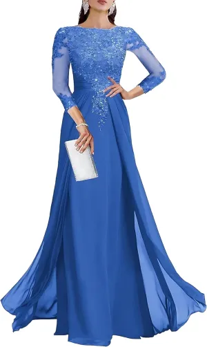 Lace Applique Mother of The Bride Dresses for Wedding 3/4 Sleeve Chiffon Mother of The Groom Formal Evening Gown