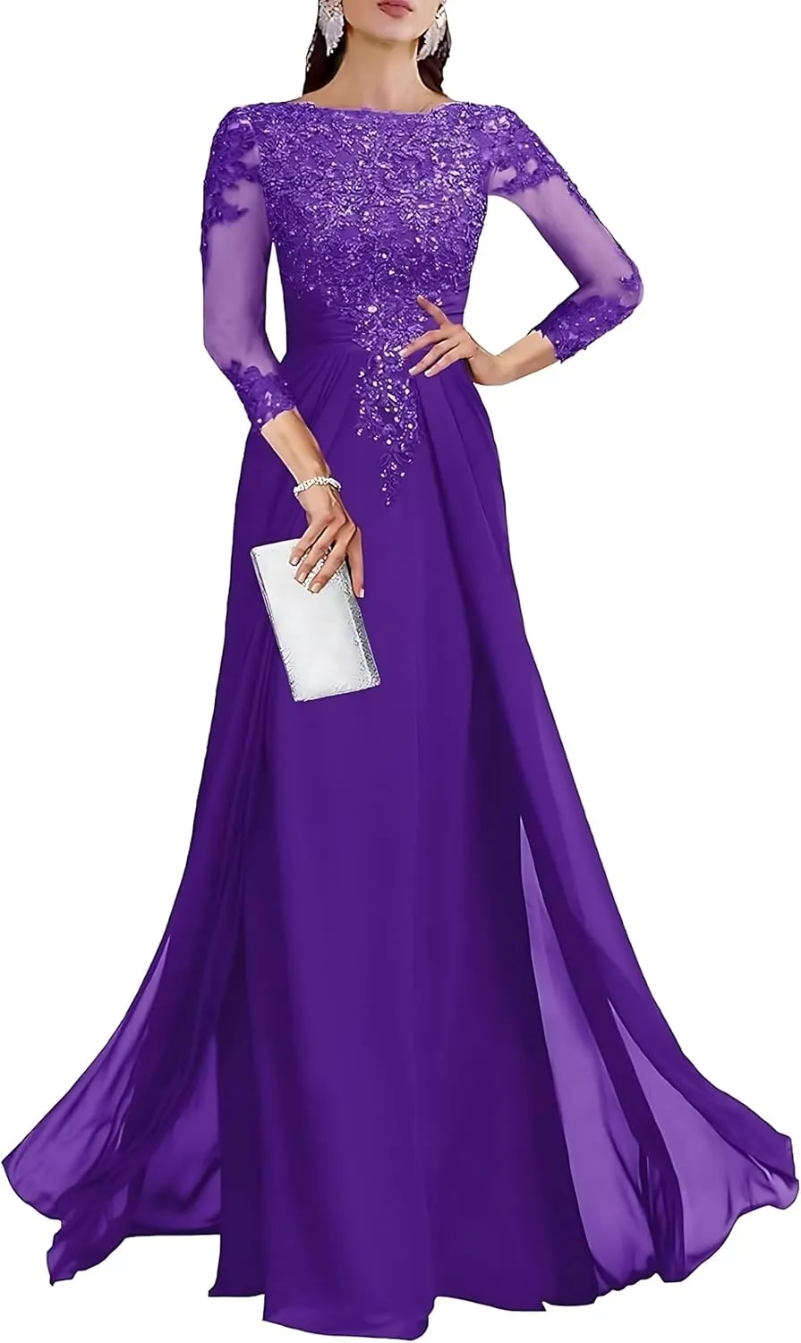 Lace Applique Mother of The Bride Dresses for Wedding 3/4 Sleeve Chiffon Mother of The Groom Formal Evening Gown