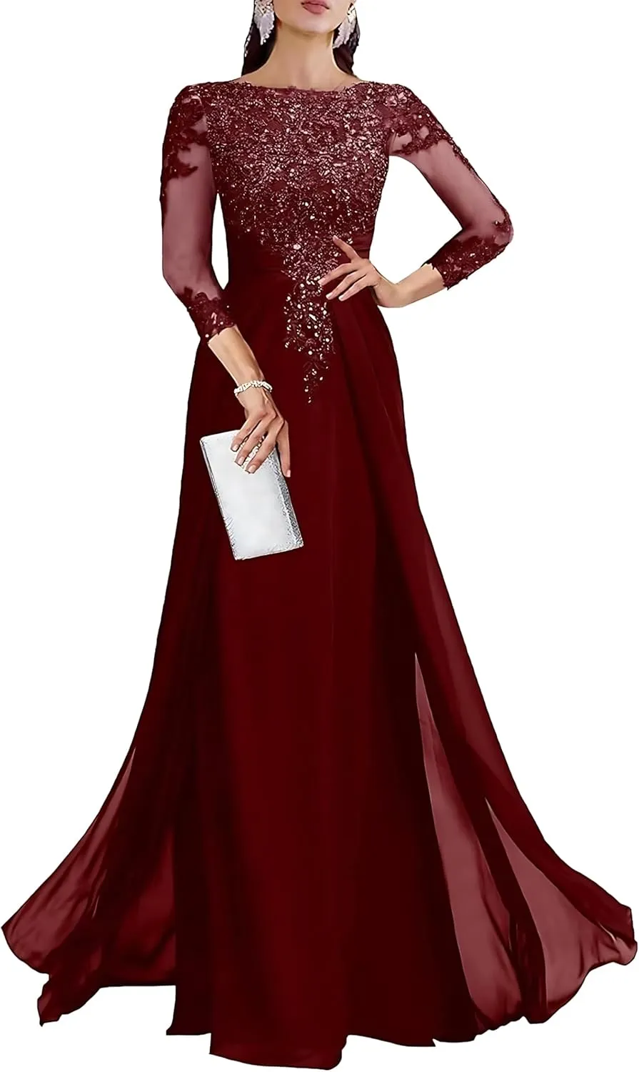 Lace Applique Mother of The Bride Dresses for Wedding 3/4 Sleeve Chiffon Mother of The Groom Formal Evening Gown