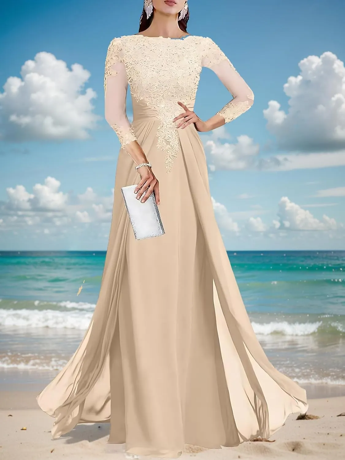 Lace Applique Mother of The Bride Dresses for Wedding 3/4 Sleeve Chiffon Mother of The Groom Formal Evening Gown